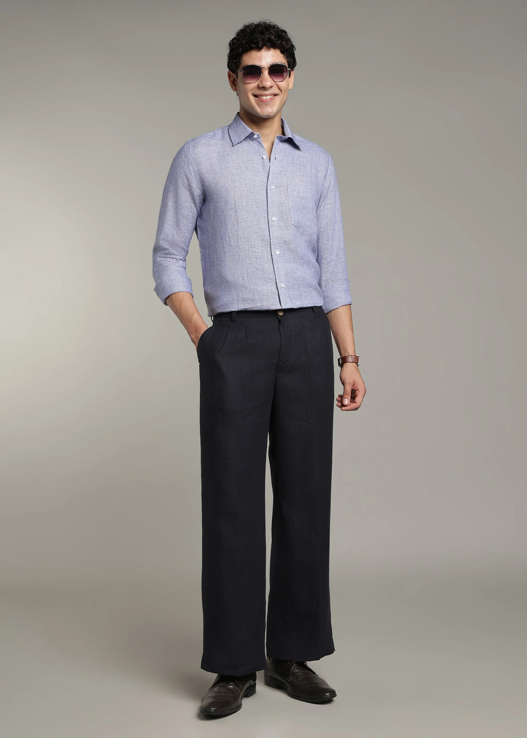 Harvey - Pure Linen Full Sleeve Shirt - Blue Houndstooth