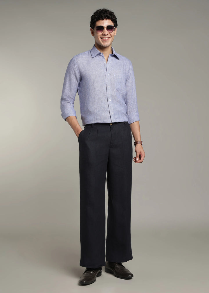 Harvey - Pure Linen Full Sleeve Shirt - Blue Houndstooth