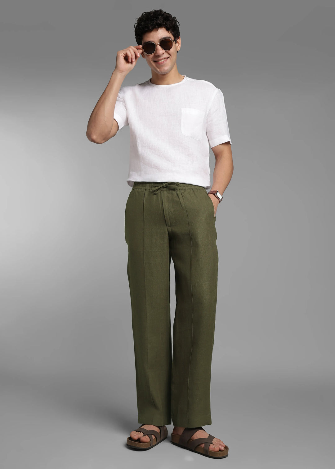 Art Pants - Pure Linen Elastic Casual Pants with Drawstrings - Military Green