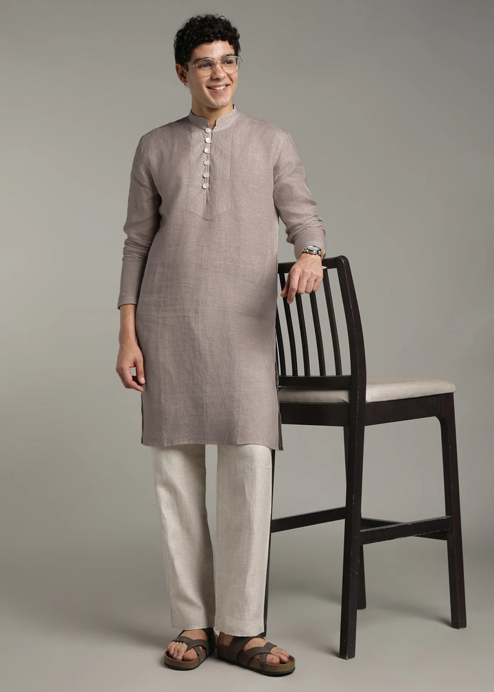 Taj - Pure Linen Long Kurta with Yolk Stitch Detail and Mother Of Pearl Buttons - Fawn Brown