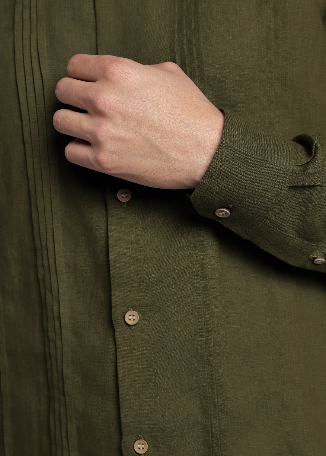 Archer - Pure Linen Mandarin Collar Pleat Detail Full Sleeve Shirt - Moss Green