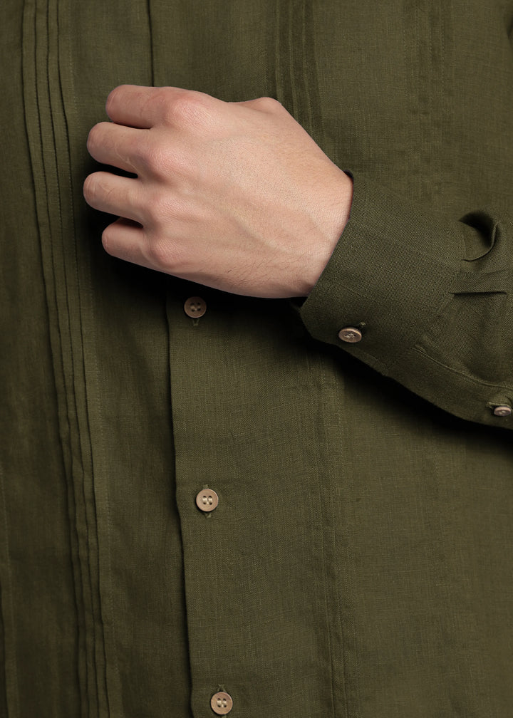 Archer - Pure Linen Mandarin Collar Pleat Detail Full Sleeve Shirt - Moss Green