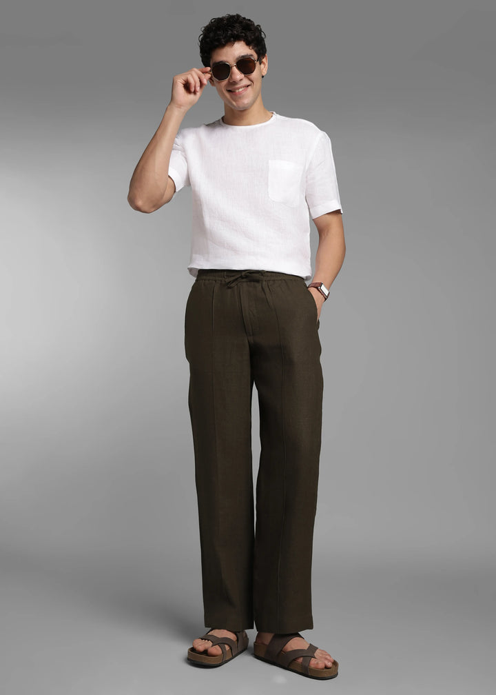 Art Pants - Pure Linen Elastic Casual Pants with Drawstrings - Camo Green