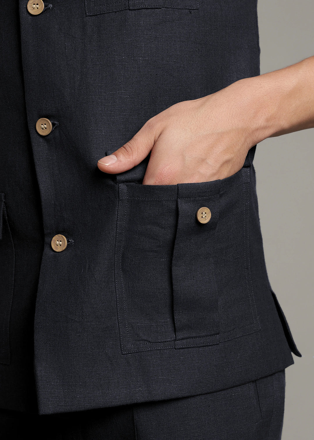 Safar - Multi Pocket Pure Linen Nehru Jacket - Regal Blue