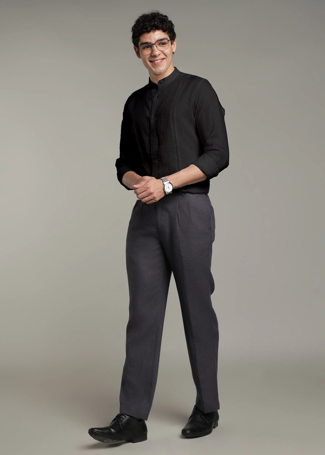 Zephr - Pure Linen Mandarin Collar Lace Detail Full Sleeve Shirt - Black