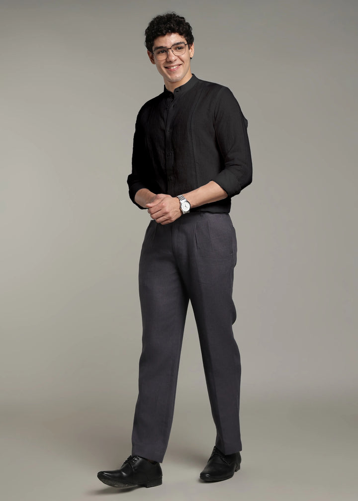 Zephr - Pure Linen Mandarin Collar Lace Detail Full Sleeve Shirt - Black