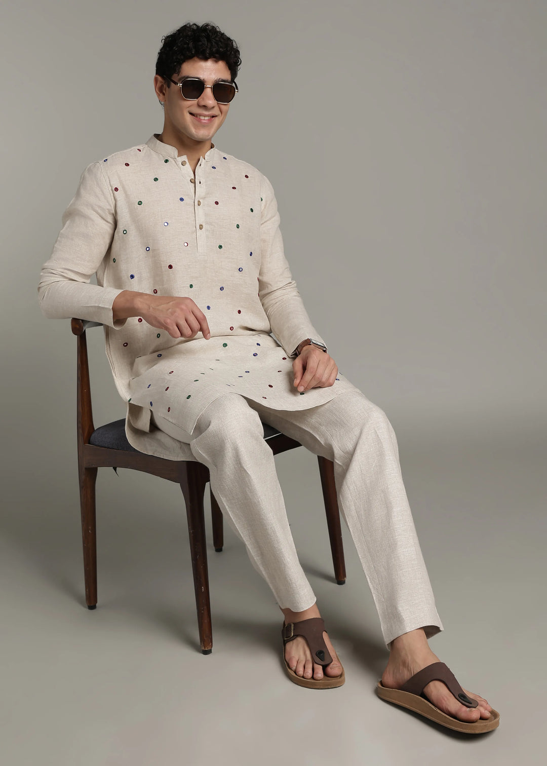 Aaina - Pure Linen Mirror Embroidered Regular Kurta - Ecru