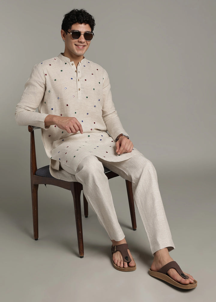 Aaina - Pure Linen Mirror Embroidered Regular Kurta - Ecru