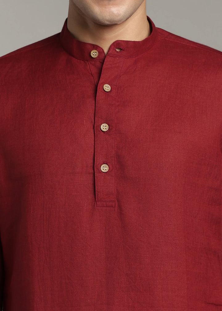 Palat - Pure Linen Regular Kurta with Contrast Inner Cuff Detail - Red Wine