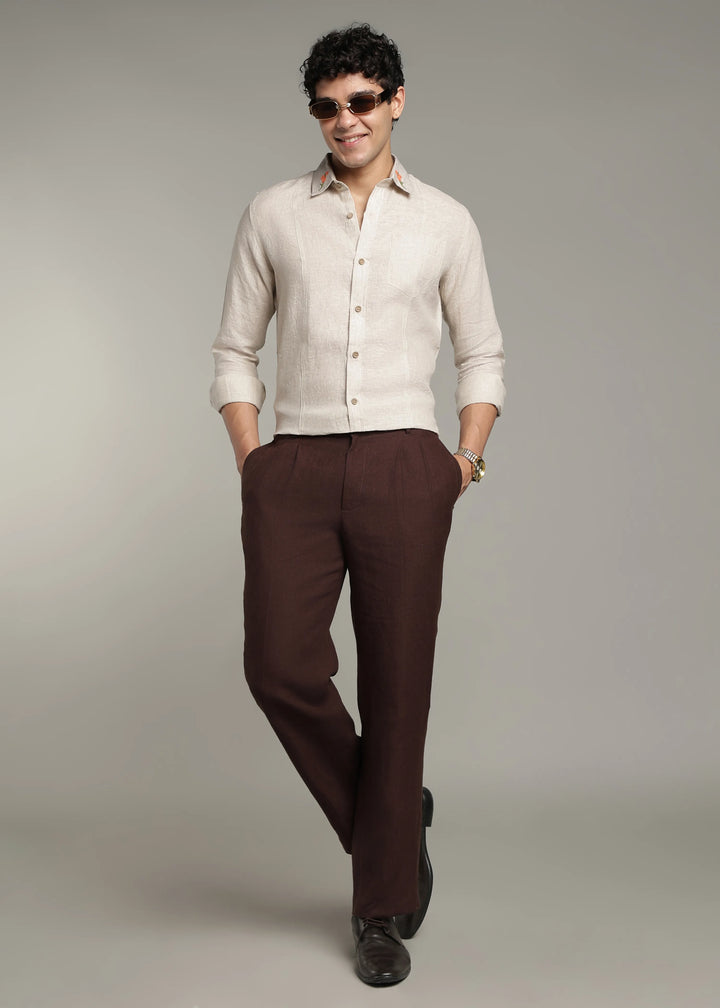 Amber - Pure Linen Full Sleeve Shirt with Embroidered Collar - Ecru