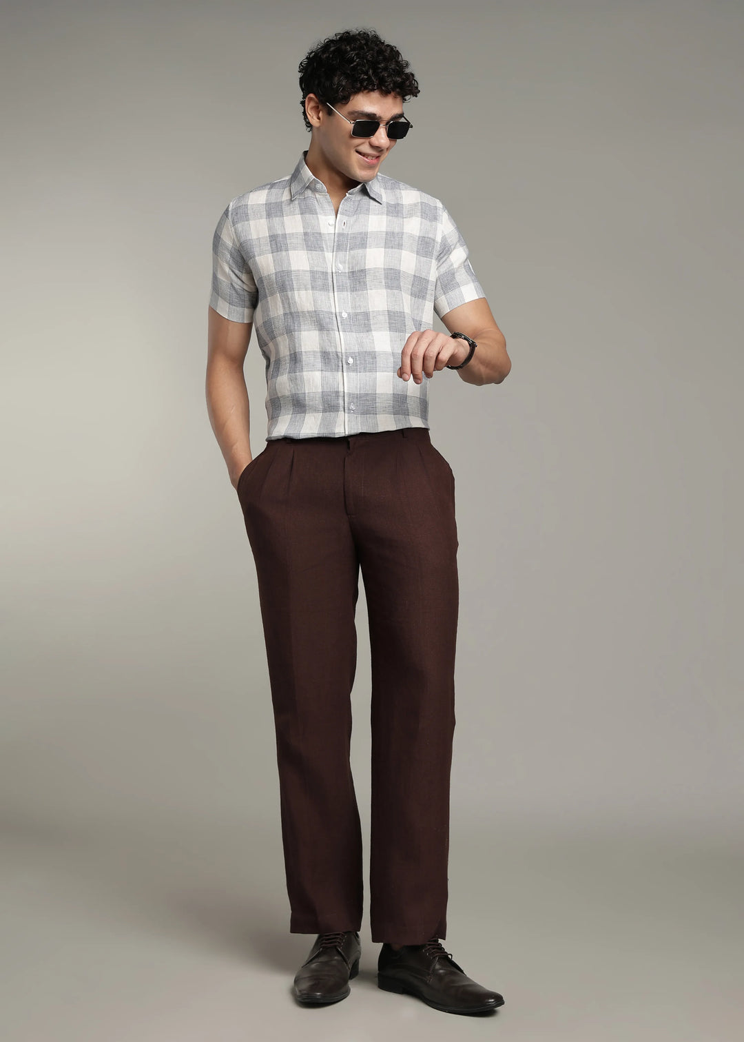 Glen- Pure Linen Half Sleeve Checks Shirt - White