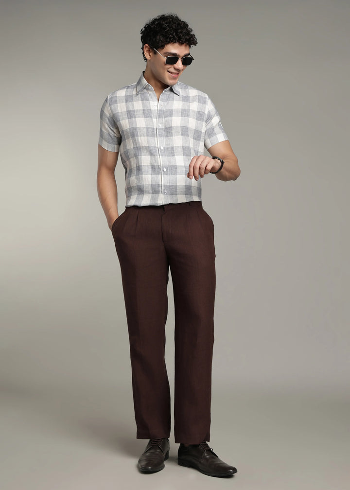 Glen- Pure Linen Half Sleeve Checks Shirt - White