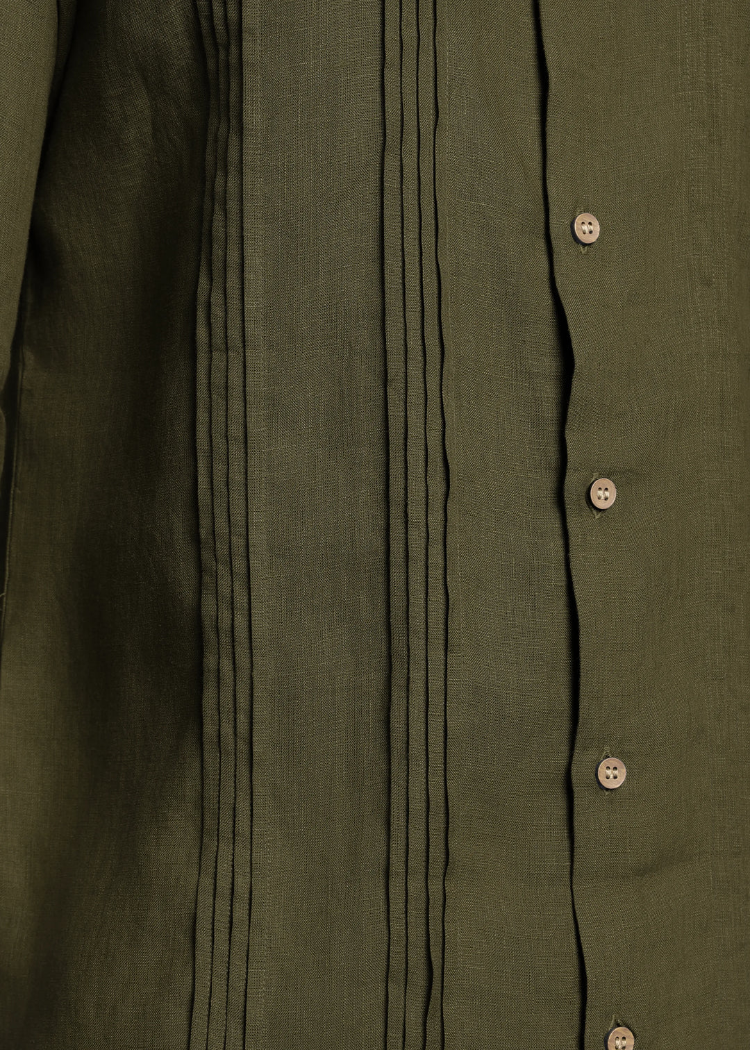 Archer - Pure Linen Mandarin Collar Pleat Detail Full Sleeve Shirt - Moss Green