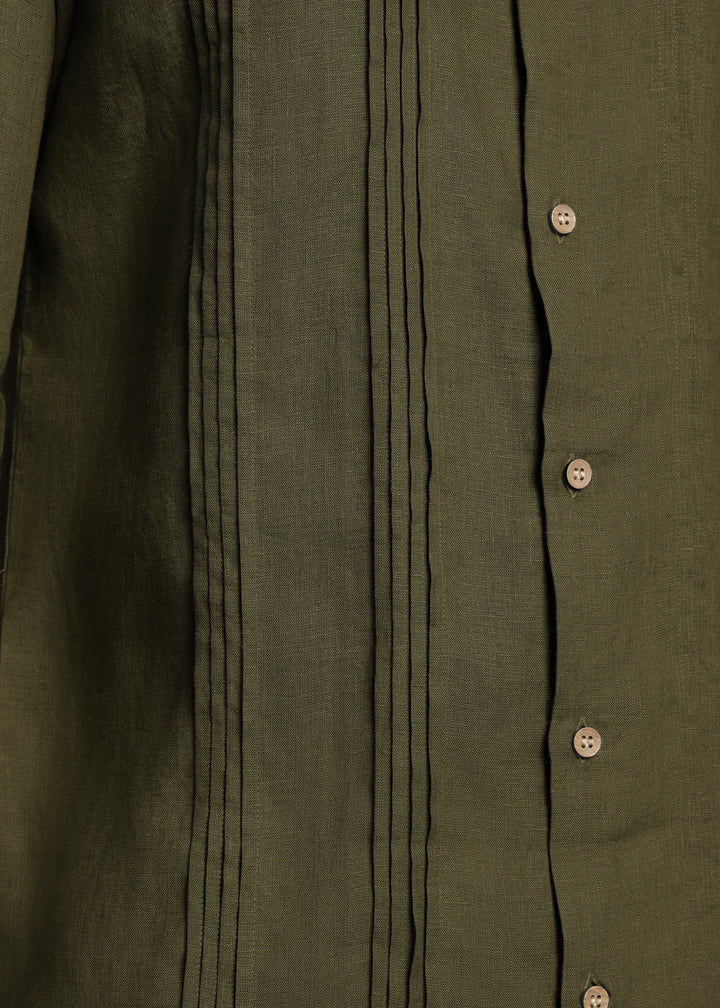 Archer - Pure Linen Mandarin Collar Pleat Detail Full Sleeve Shirt - Moss Green