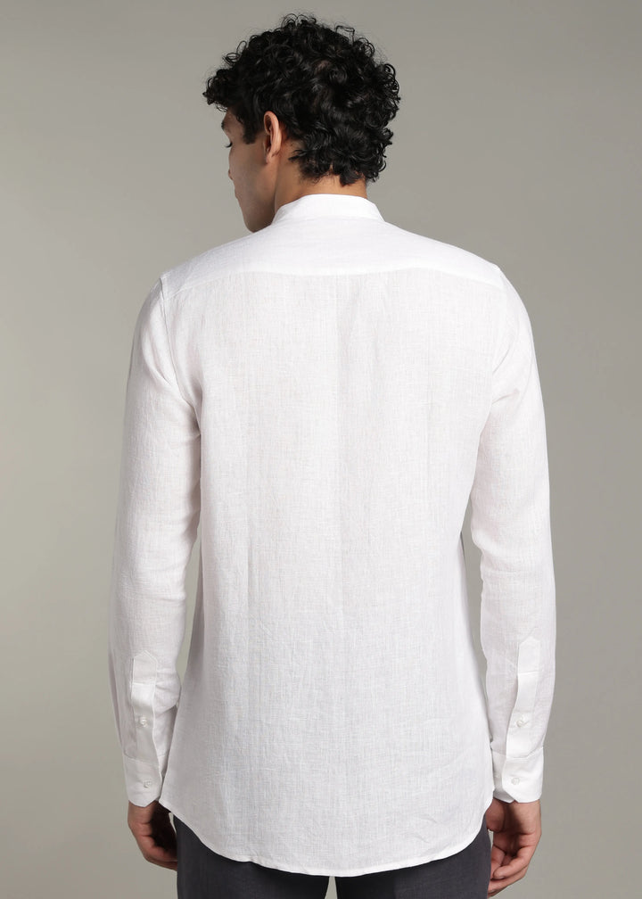 Zephr - Pure Linen Mandarin Collar Lace Detail Full Sleeve Shirt - White