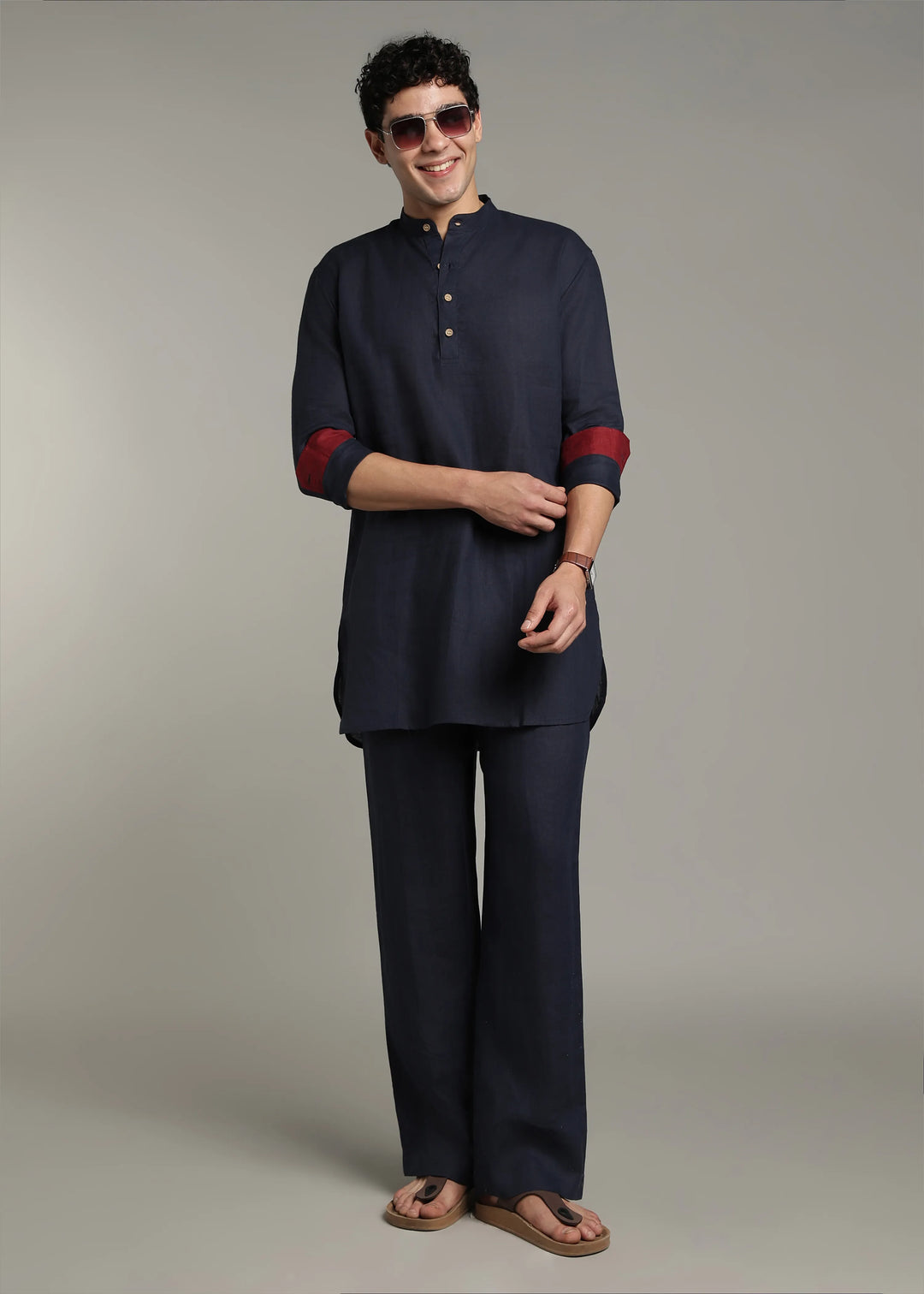 Palat - Pure Linen Regular Kurta with Contrast Inner Cuff Detail - Dark Blue