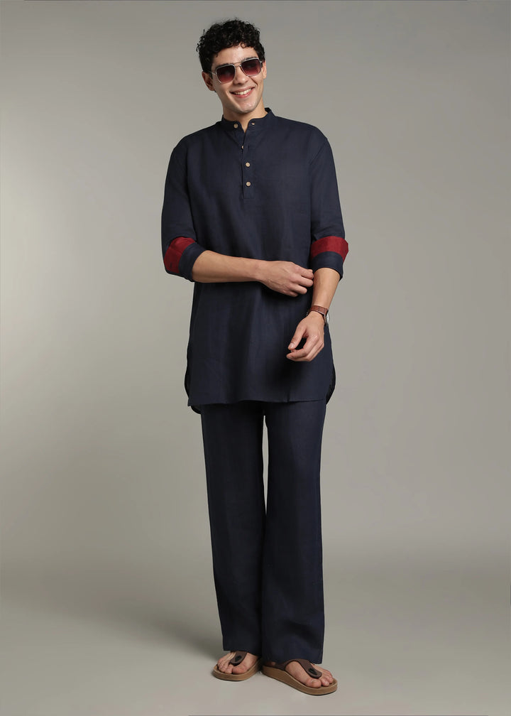 Palat - Pure Linen Regular Kurta with Contrast Inner Cuff Detail - Dark Blue