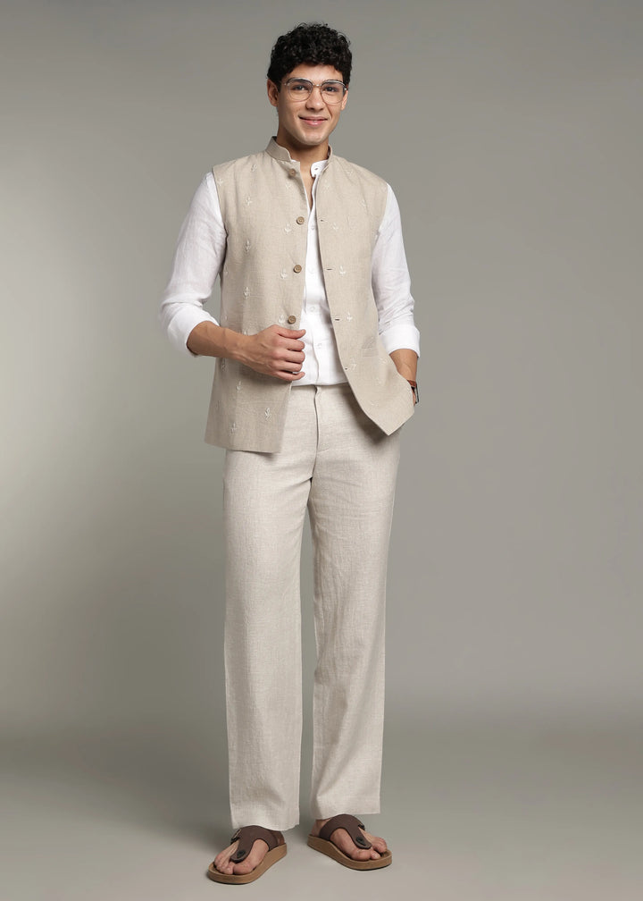 Gulzar - Hand Embroidered Pure Linen Nehru Jacket - Dark Ecru