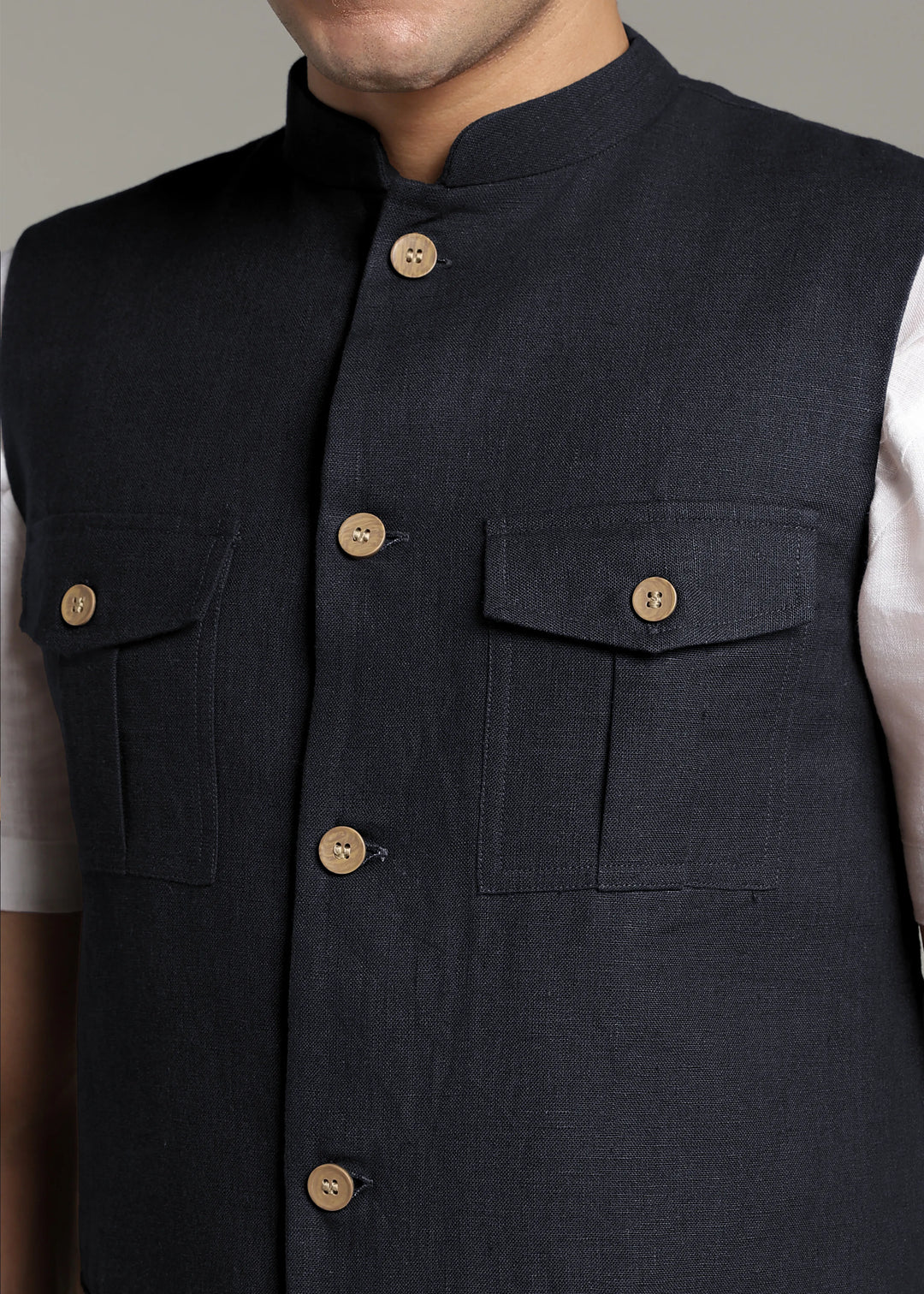 Safar - Multi Pocket Pure Linen Nehru Jacket - Regal Blue