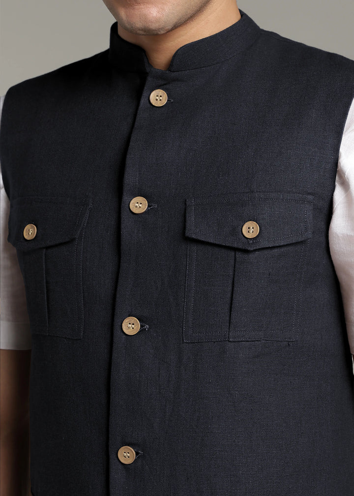 Safar - Multi Pocket Pure Linen Nehru Jacket - Regal Blue