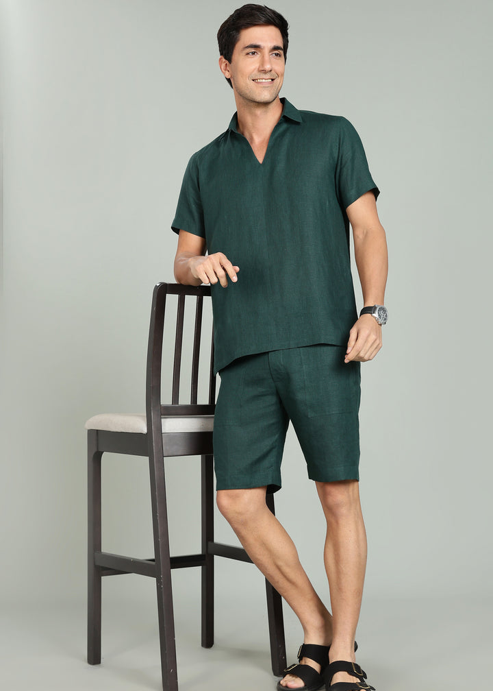 Noel T Shirt - Pure Linen Pullover T shirt - Dark Pine Green