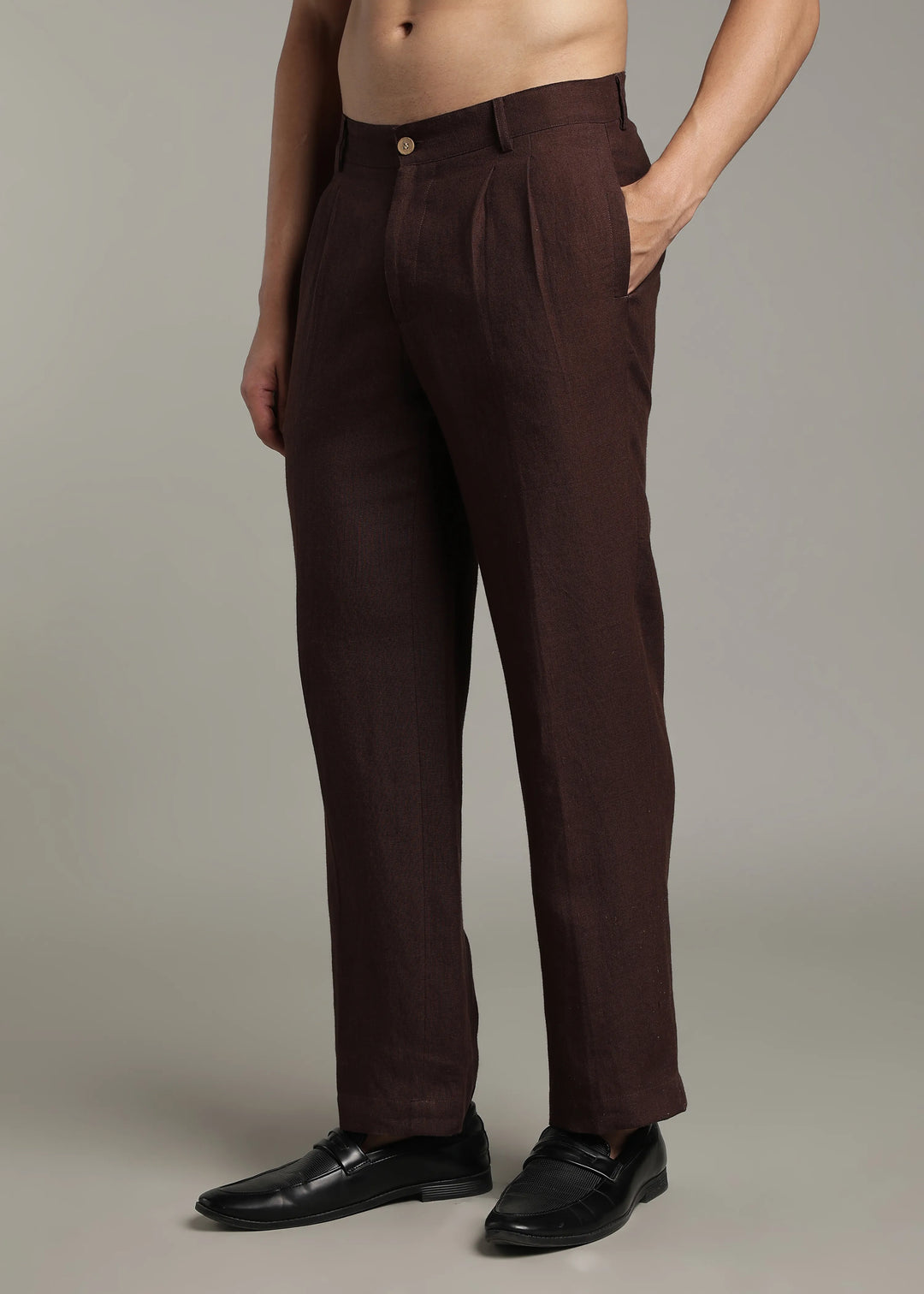 Calvin - Pure Linen Double Pleated Trousers - Cocoa Brown