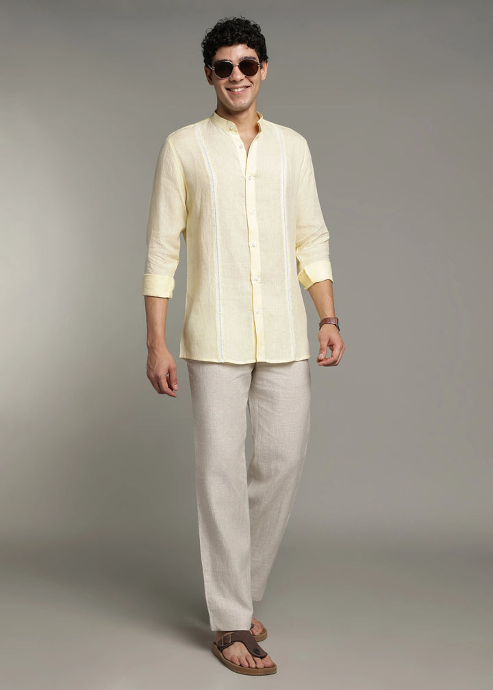 Zephr - Pure Linen Mandarin Collar Lace Detail Full Sleeve Shirt - Light Yellow