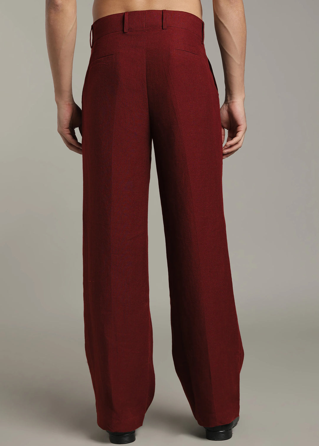 Ashford - Pure Linen Double Pleated High Waisted Trousers - Dark Maroon