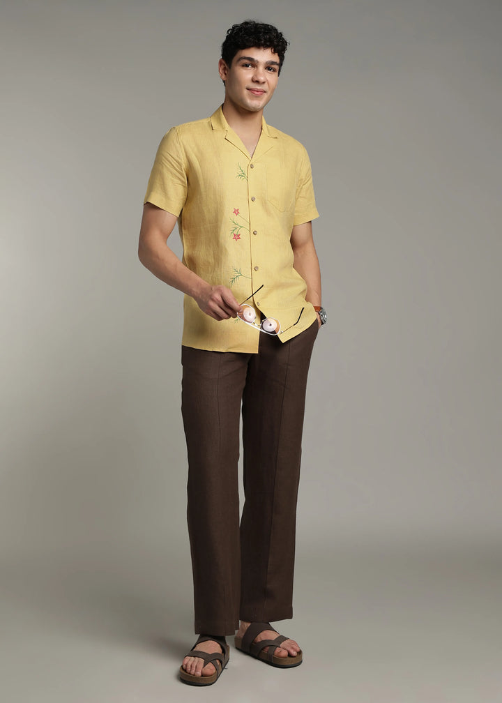 Hand-Painted Chethi - Pure Linen Half Sleeve Shirt - Sunburst Yellow