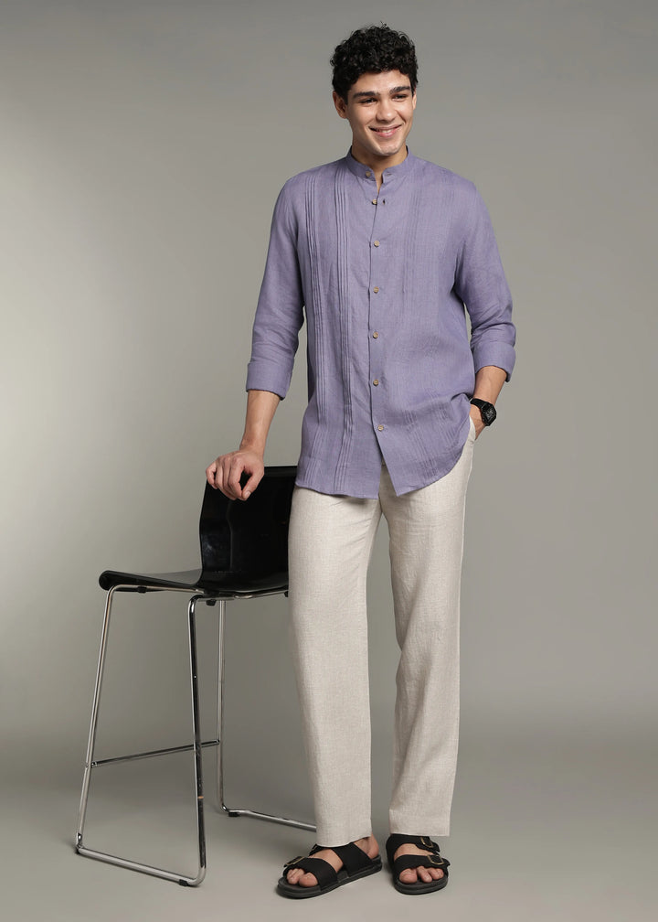 Archer - Pure Linen Mandarin Collar Pleat Detail Full Sleeve Shirt - Lavender Violet