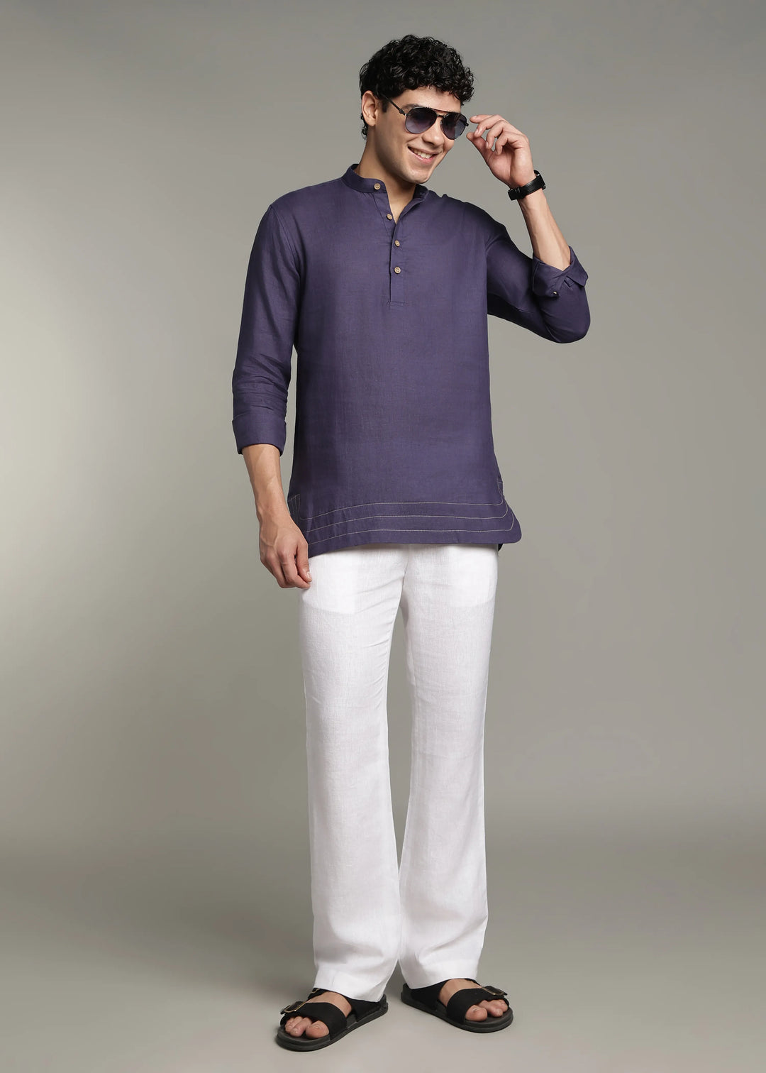 Saif - Pure Linen Full Sleeve Short Kurta with Hem Stitch Detail - Lapis Violet