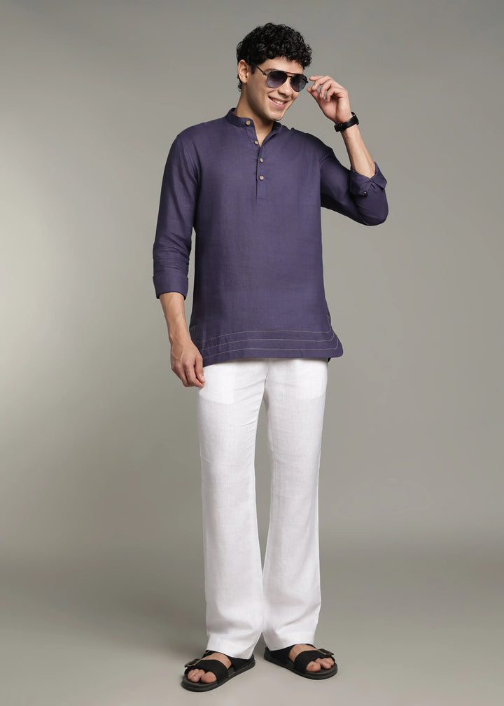 Saif - Pure Linen Full Sleeve Short Kurta with Hem Stitch Detail - Lapis Violet