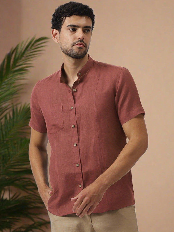 Trevor - Pure Linen Mandarin Collar Half Sleeve Shirt - Terracotta Red