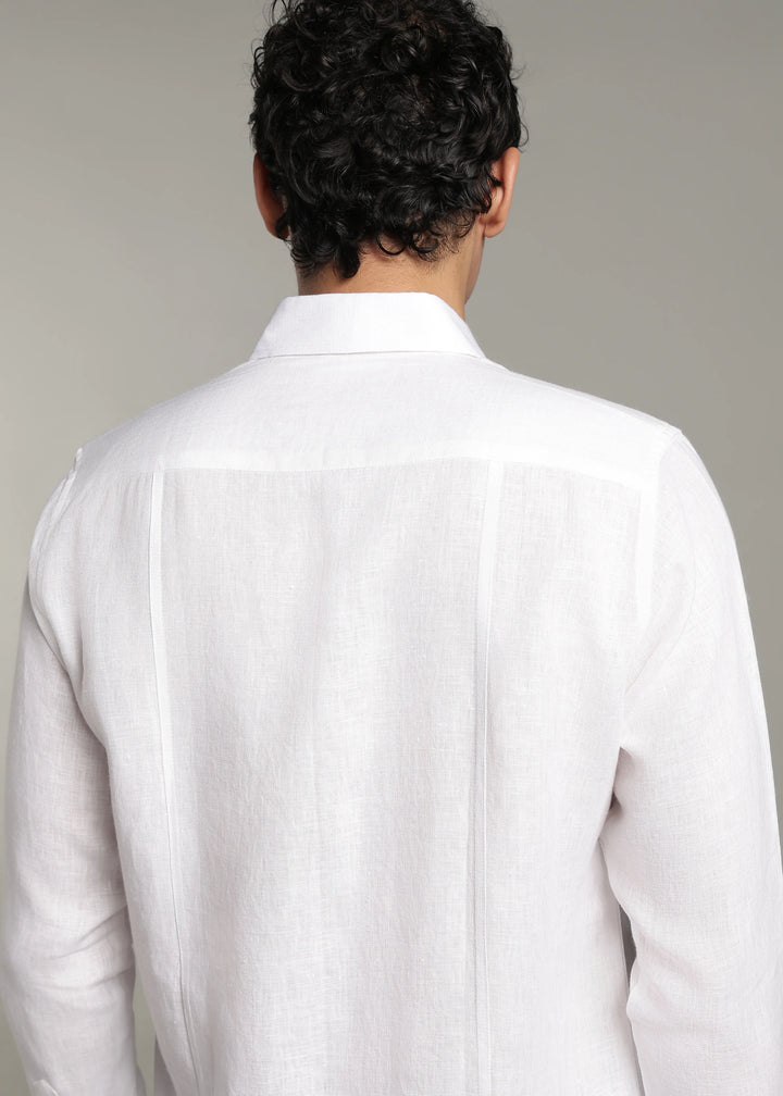 Amber - Pure Linen Full Sleeve Shirt with Embroidered Collar - White