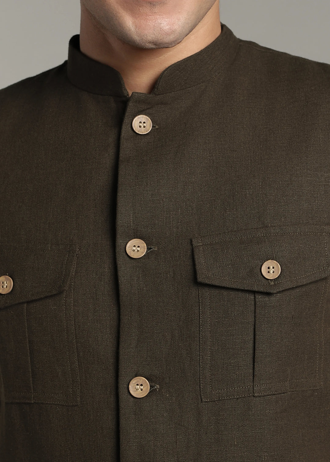 Safar - Multi Pocket Pure Linen Nehru Jacket - Camo Green