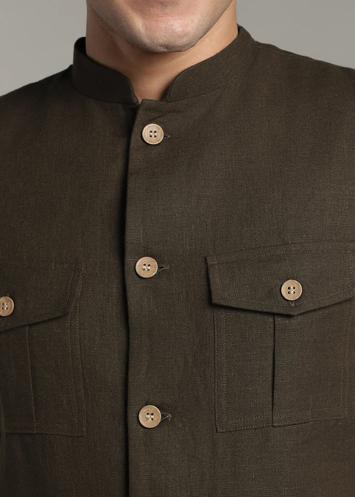 Safar - Multi Pocket Pure Linen Nehru Jacket - Camo Green