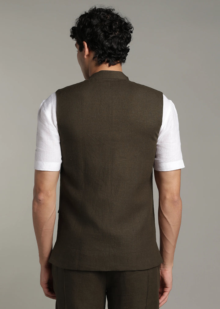 Safar - Multi Pocket Pure Linen Nehru Jacket - Camo Green