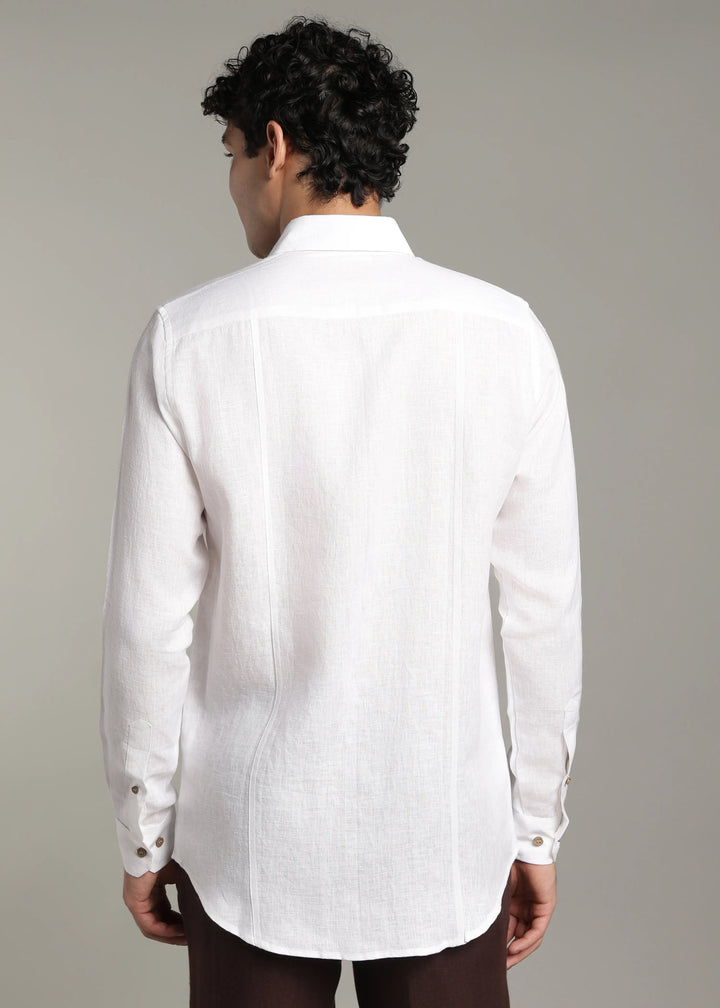 Amber - Pure Linen Full Sleeve Shirt with Embroidered Collar - White