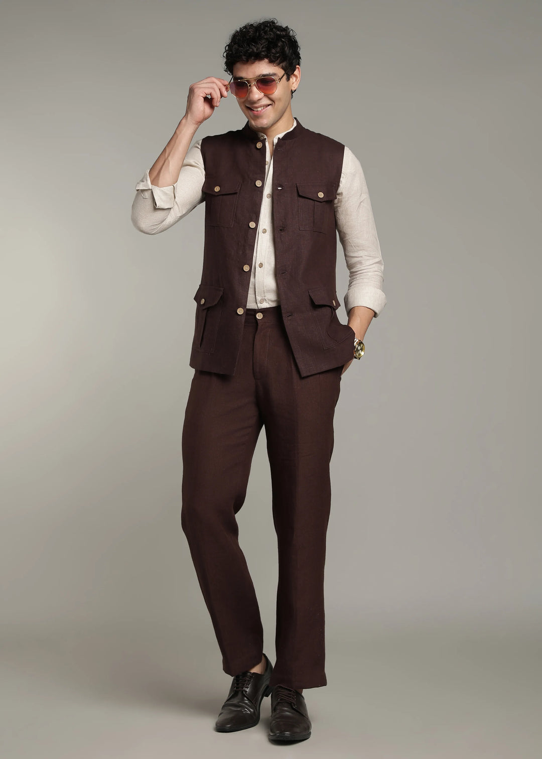 Safar - Multi Pocket Pure Linen Nehru Jacket - Cocoa Brown