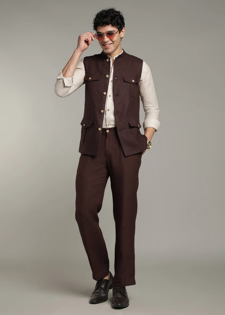 Safar - Multi Pocket Pure Linen Nehru Jacket - Cocoa Brown