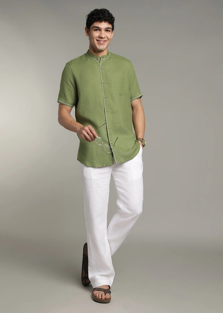 Oram - Pure Linen Half Sleeve Shirt - Cossack Green