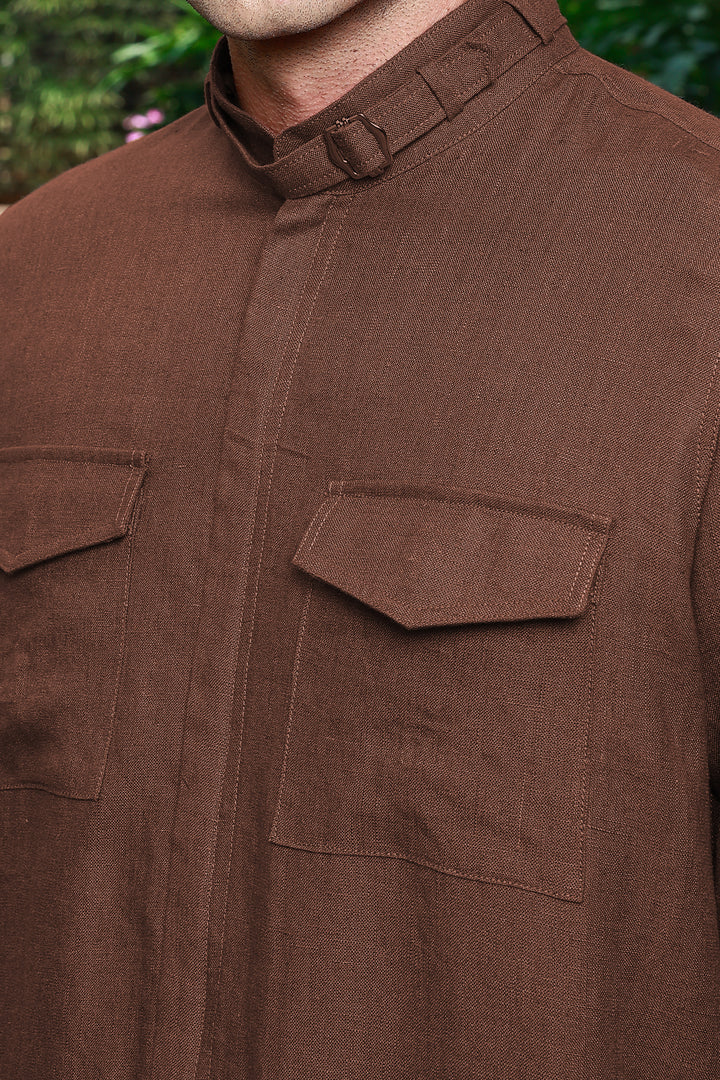 Havoc - Pure Linen Summer Utility Jacket - Amber Brown