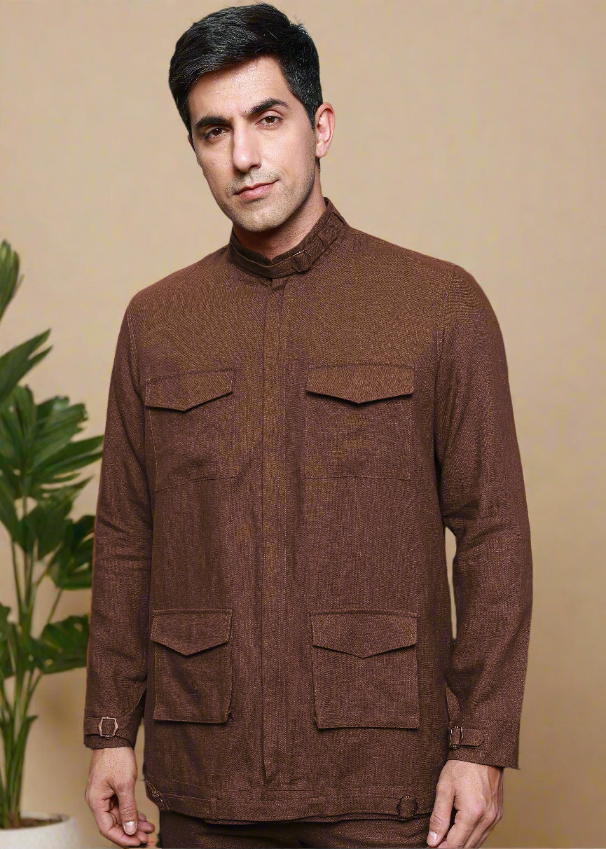 Havoc - Pure Linen Summer Utility Jacket - Amber Brown