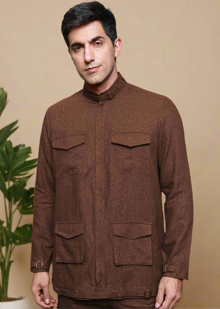 Havoc - Pure Linen Summer Utility Jacket - Amber Brown