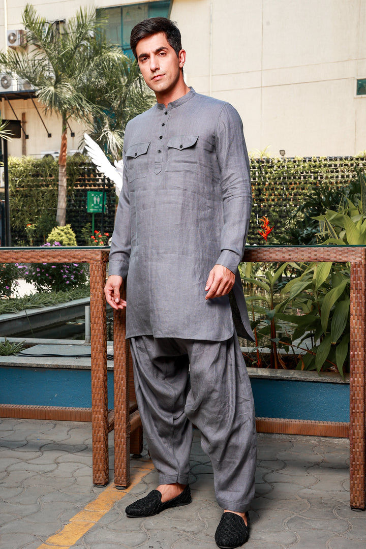 Han - Pure Linen Pathani Pyjama - Charcoal Grey