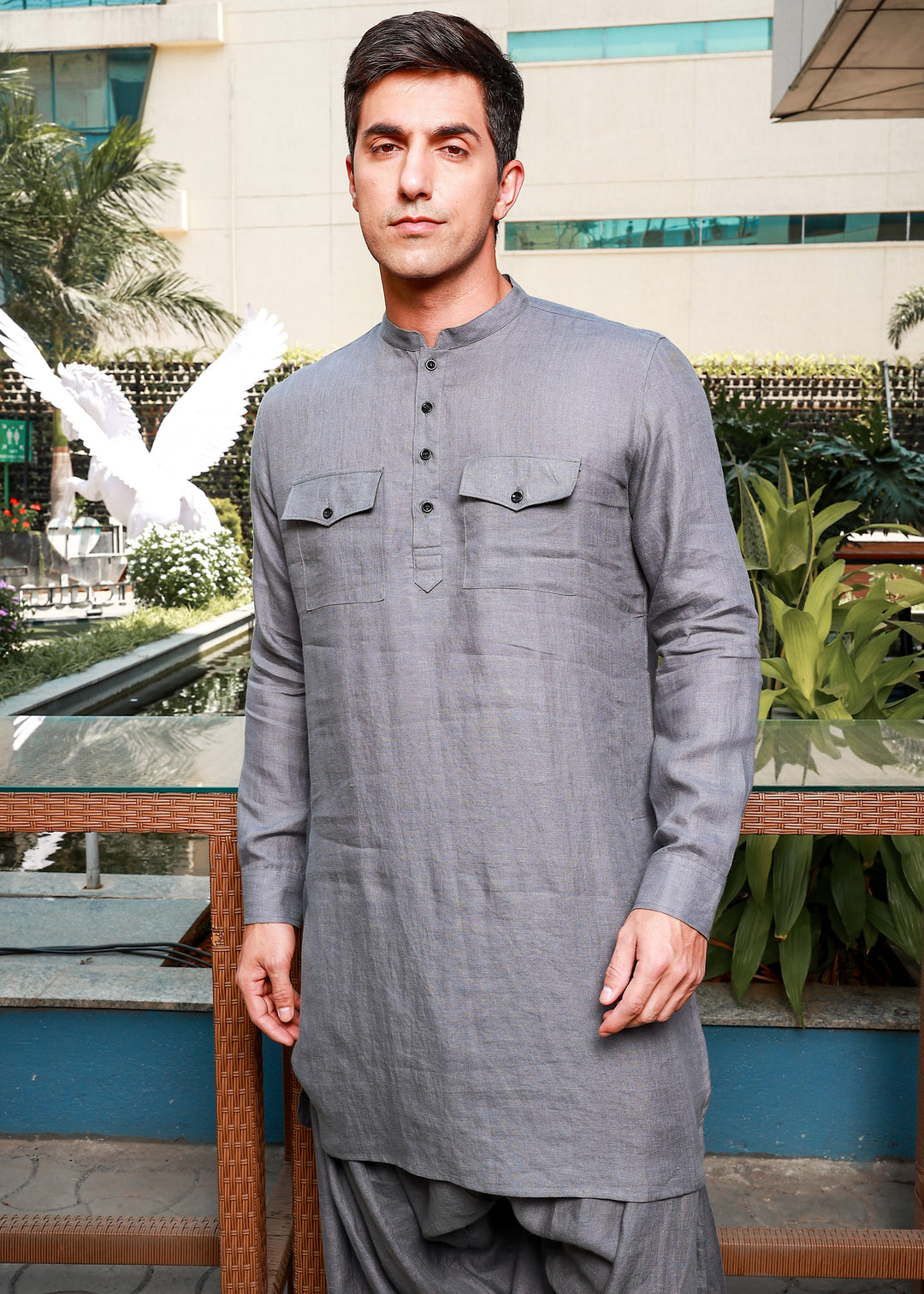 Aman - Pure Linen Long Kurta with Double Pocket - Charcoal Grey