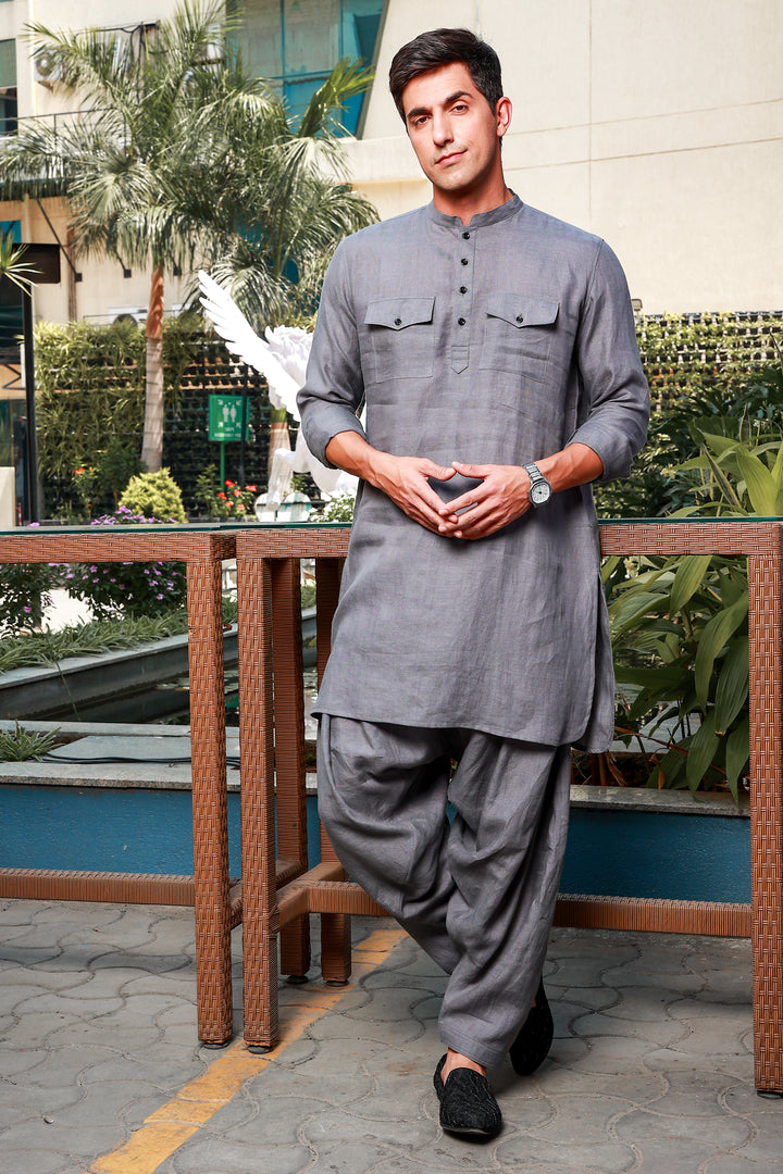 Aman - Pure Linen Long Kurta with Double Pocket - Charcoal Grey