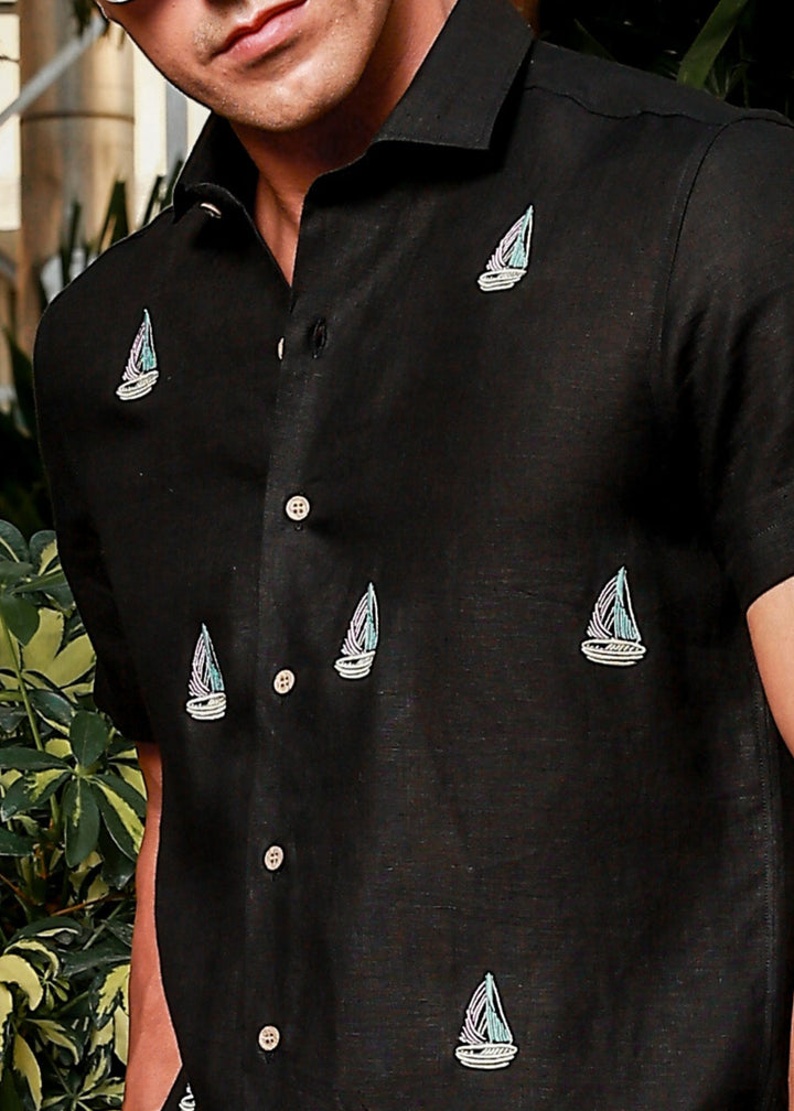 Boat - Embroidered Half Sleeve Pure Linen Shirt - Black