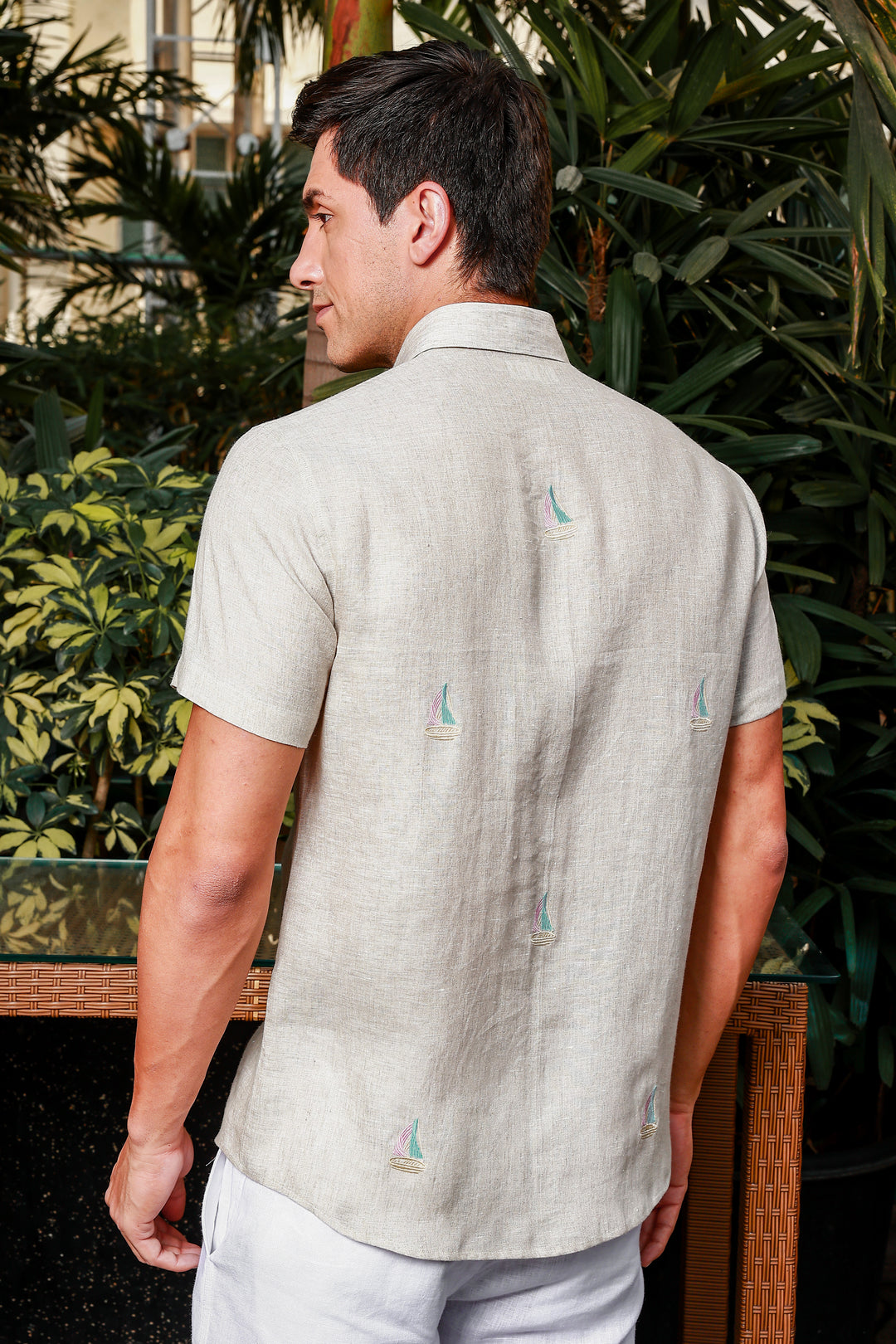 Boat - Embroidered Half Sleeve Pure Linen Shirt - Ecru