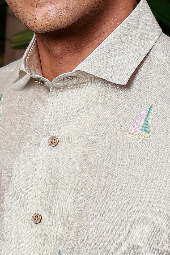 Boat - Embroidered Half Sleeve Pure Linen Shirt - Ecru